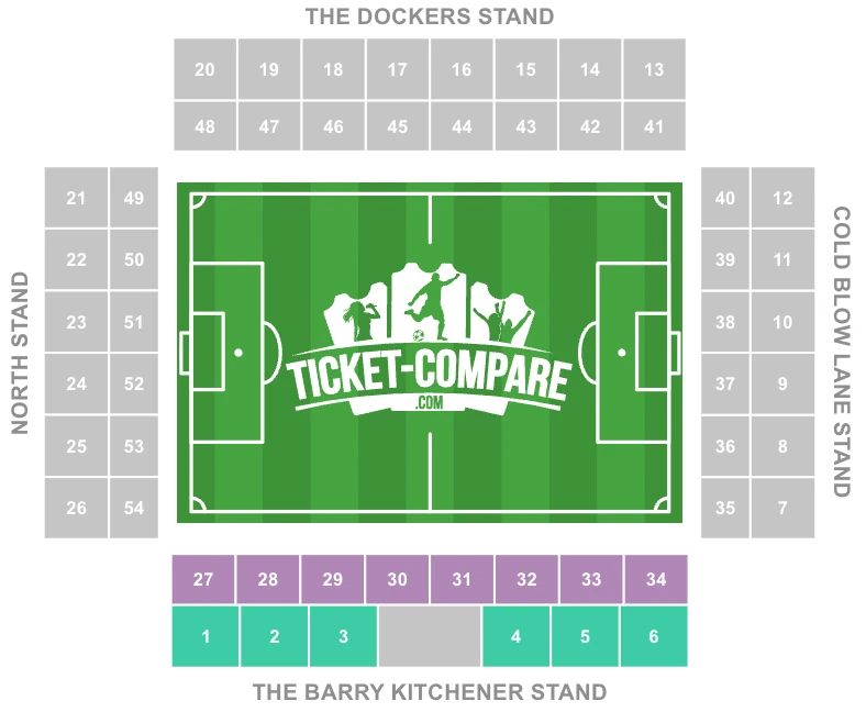 Screenshot della Barry Kitchener Stand evidenziata nella piantina dello stadio The Den
