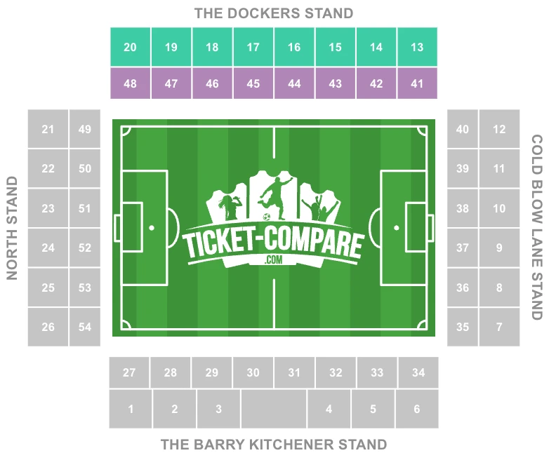 Screenshot del settore Dockers Stand evidenziato nella piantina dello stadio The Den
