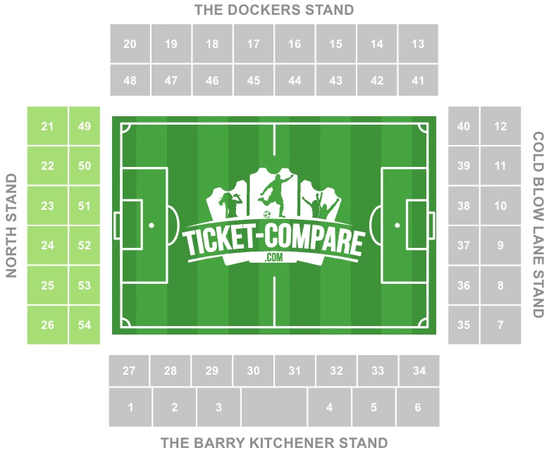 Screenshot della North Stand evidenziata nella piantina dello stadio The Den