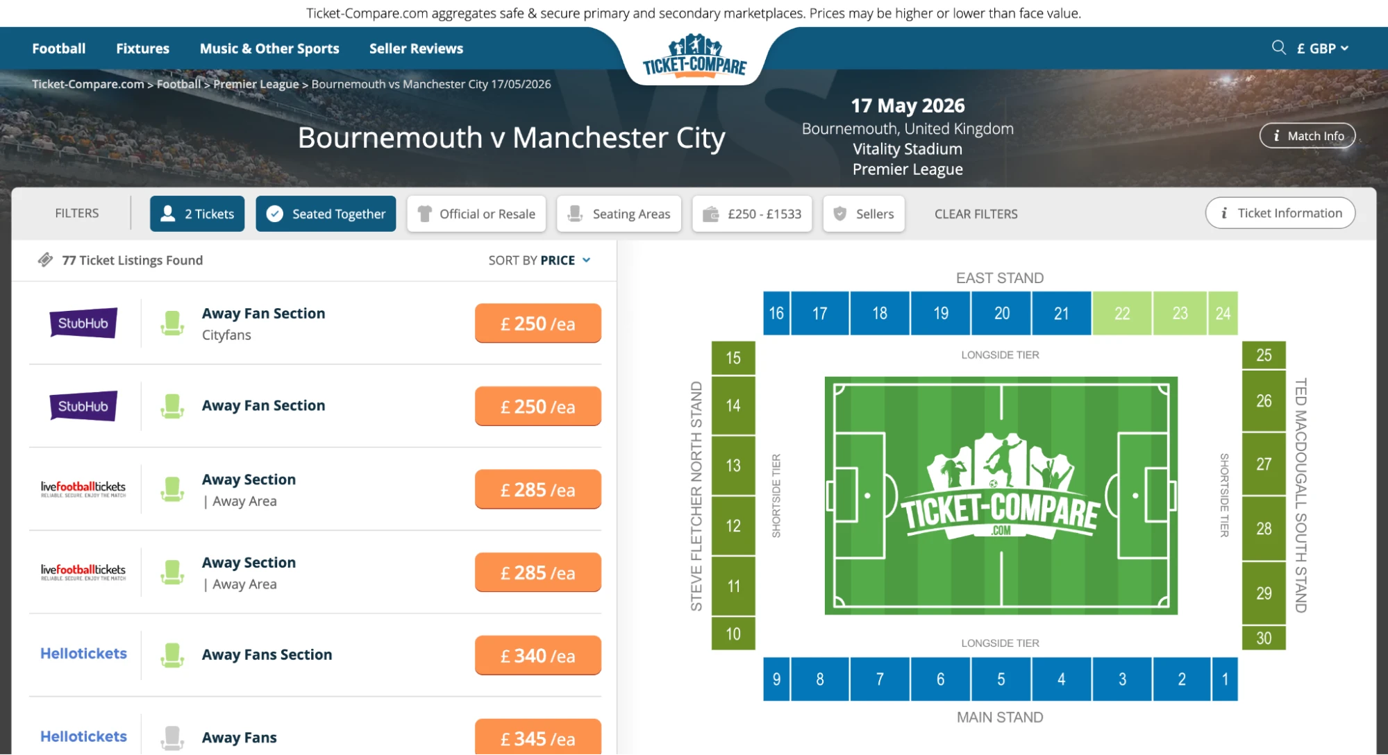Schermata biglietti Bournemouth-Man City