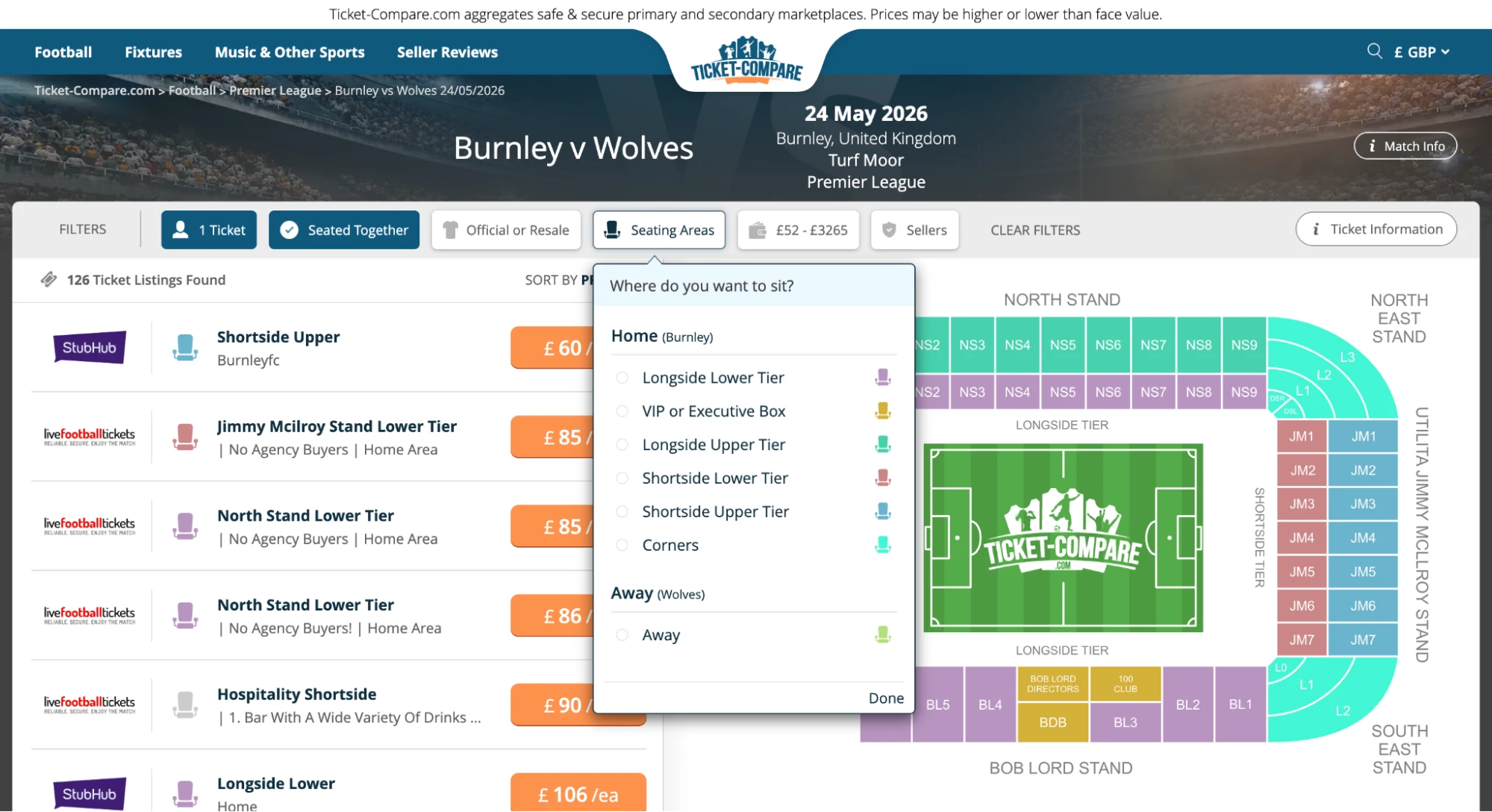 Screenshot of Burnley v Wolves tickets page