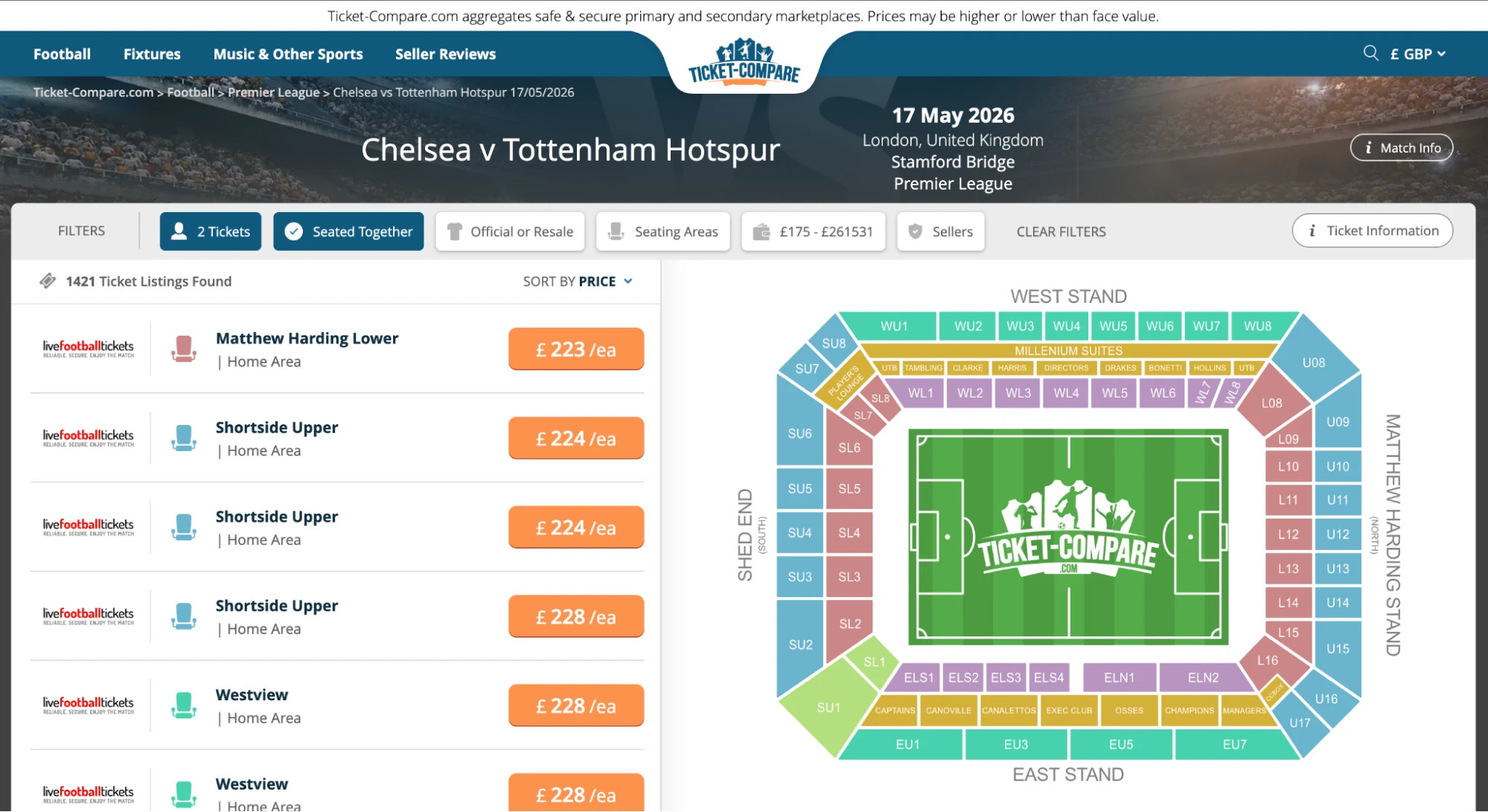 Screenshot Chelsea v Tottenham Hotspur tickets