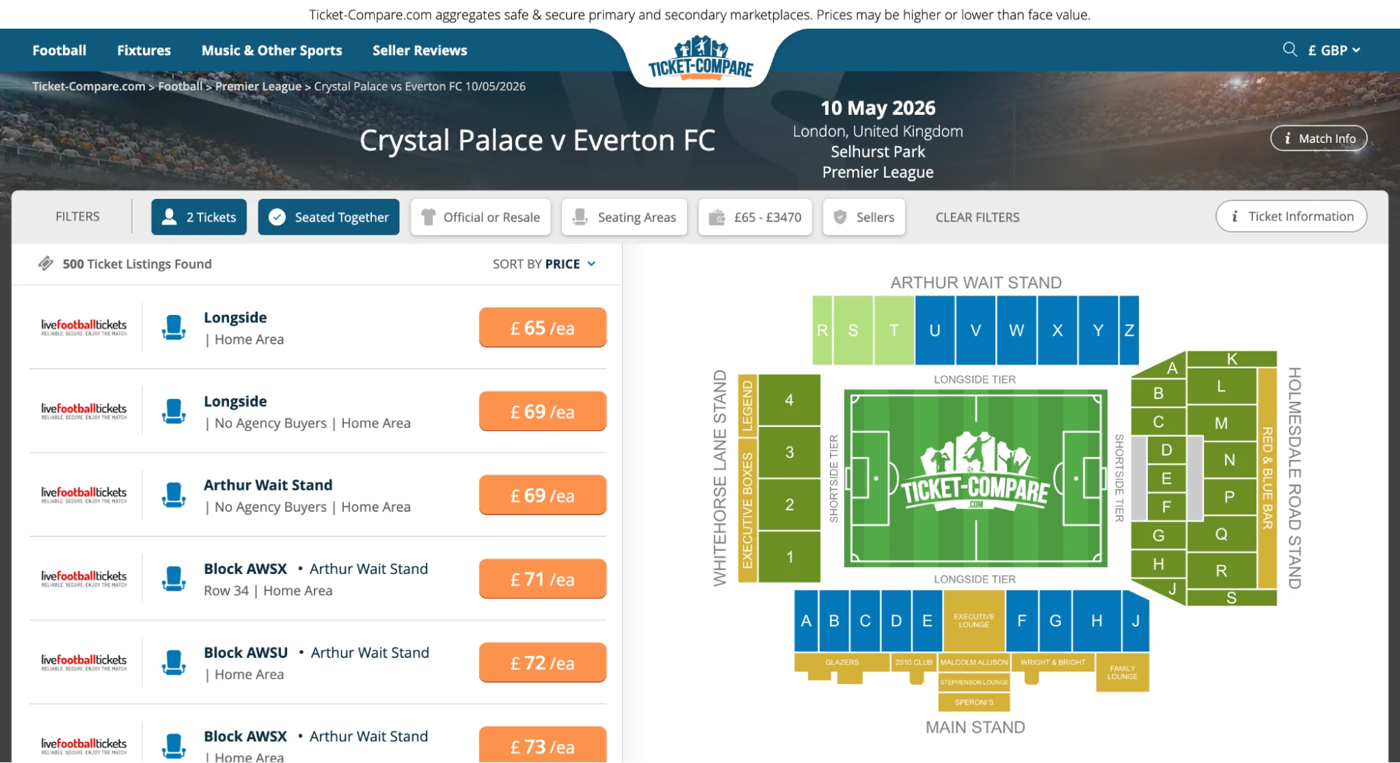Screenshot Crystal Palace v Everton FC biglietti