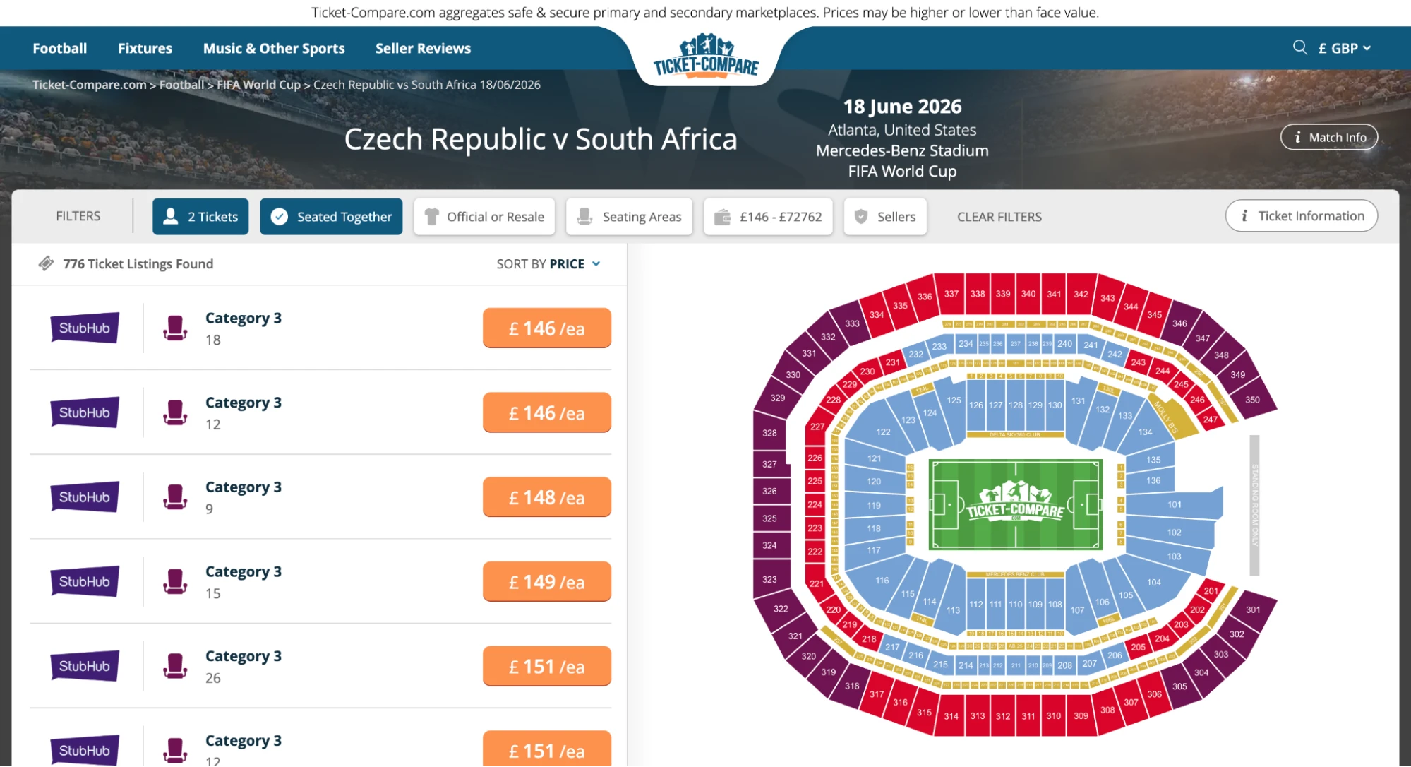 Schermata biglietti Repubblica Ceca vs Sudafrica
