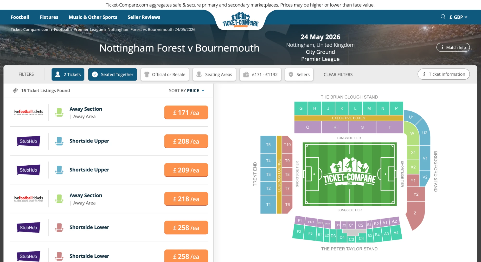 Screenshot of Nottingham Forest v Bournemouth tickets page