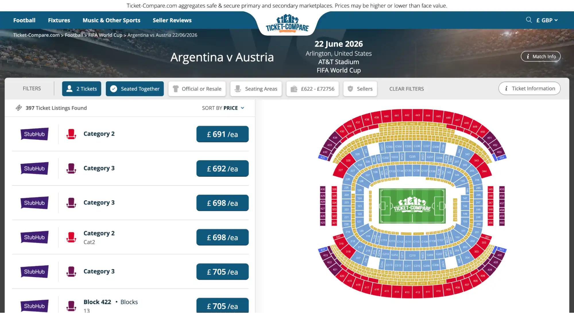 screenshot of Argentina vs Austria match tickets page on ticket-compare.com