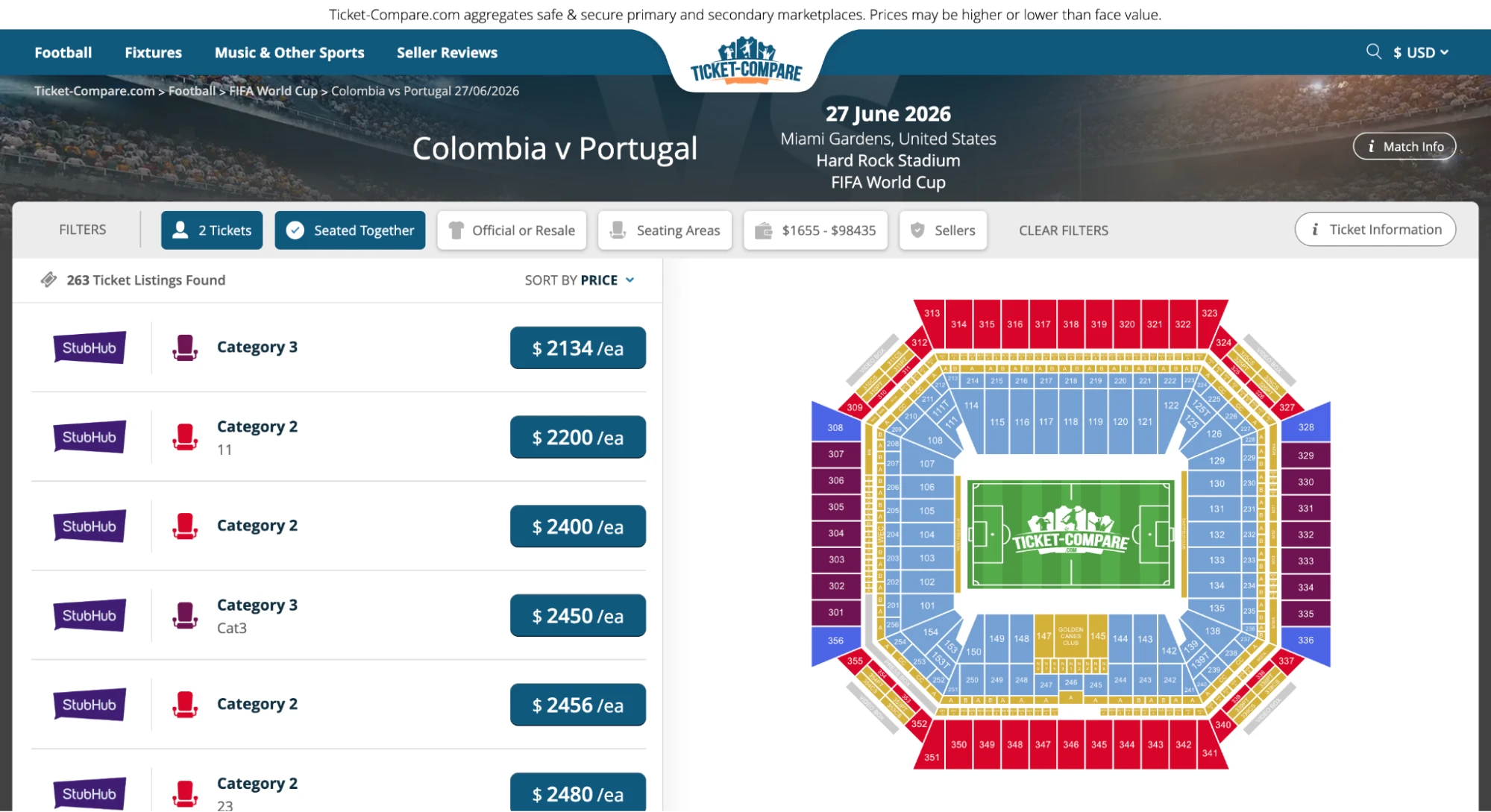 screenshot della pagina biglietti Colombia vs Portogallo
