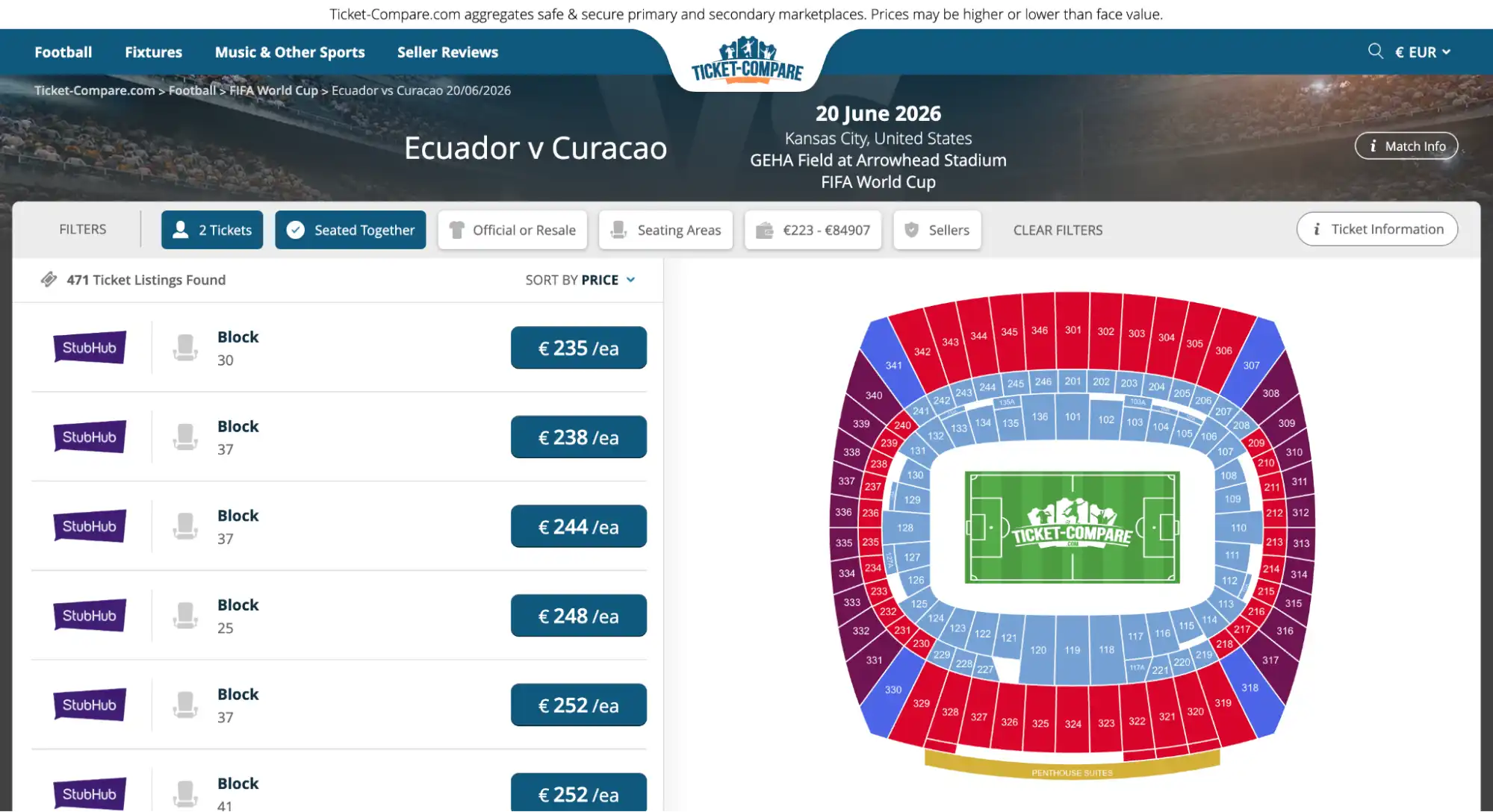 screenshot di Ecuador vs Curacao biglietti