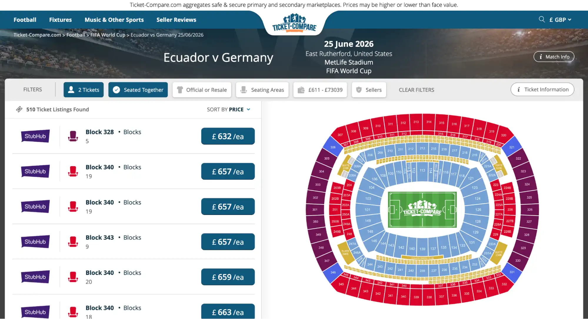 screenshot pagina biglietti Ecuador vs Germania