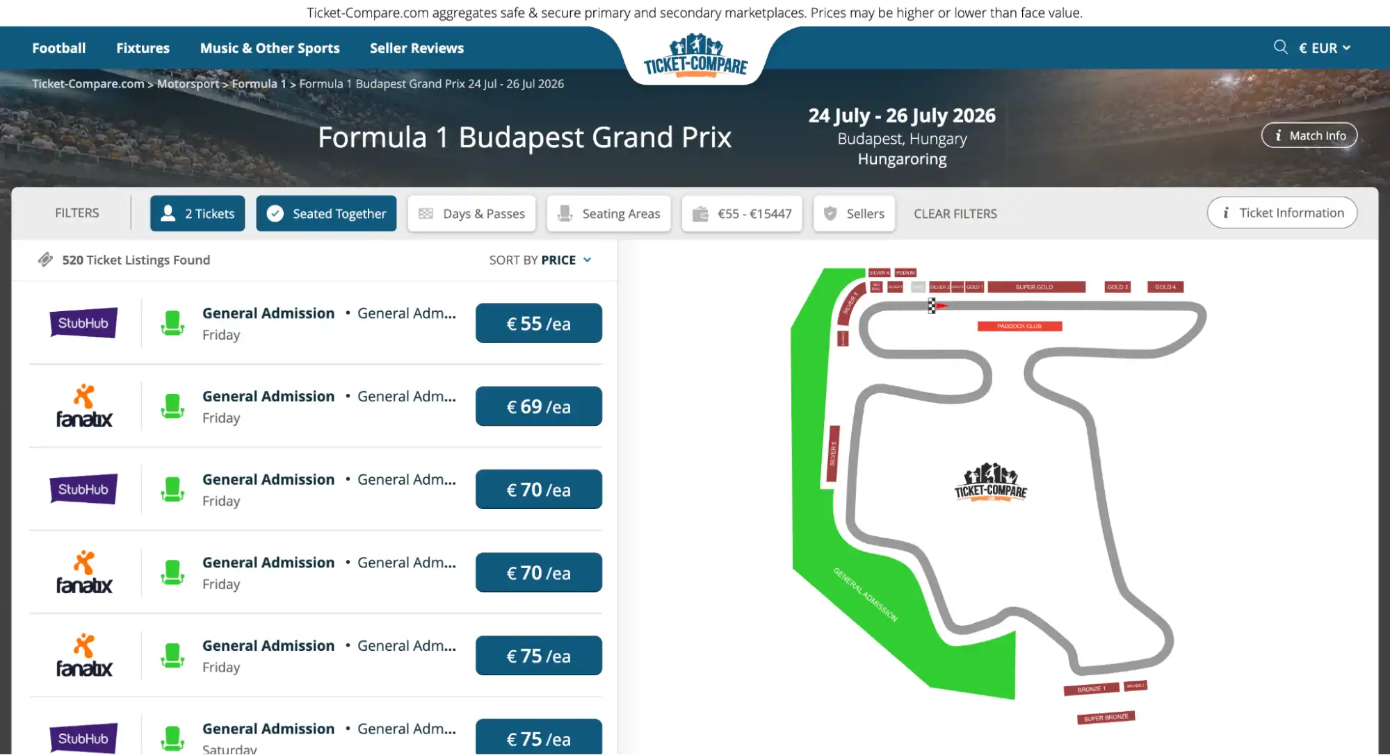 screenshot delle offerte biglietti Budapest Grand Prix