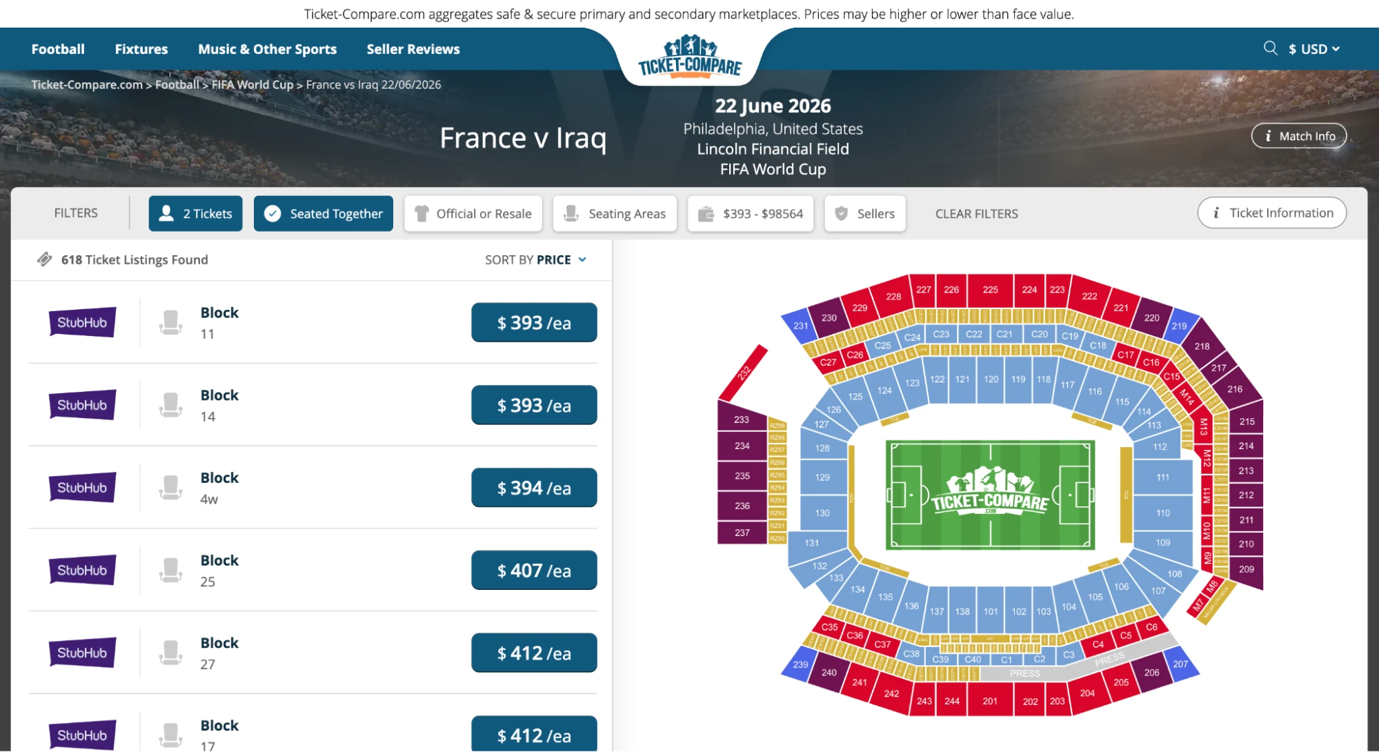 screenshot biglietti Francia vs Iraq