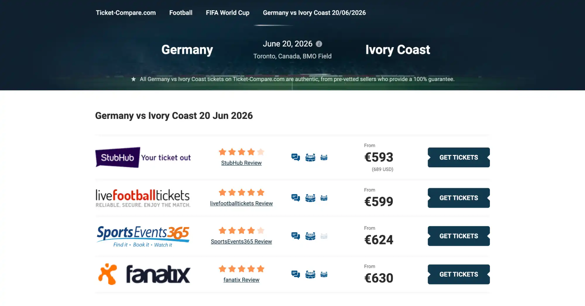 screenshot of Germany vs Ivory Coast match tickets page