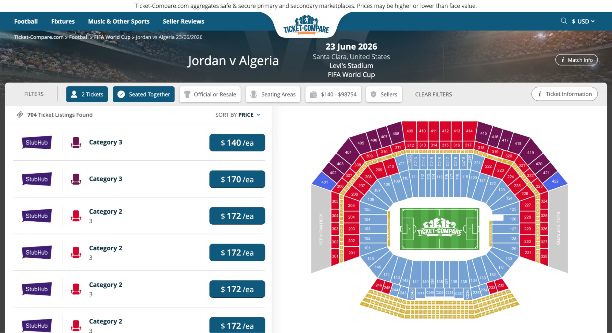 screenshot of Jordan vs Algeria match tickets page
