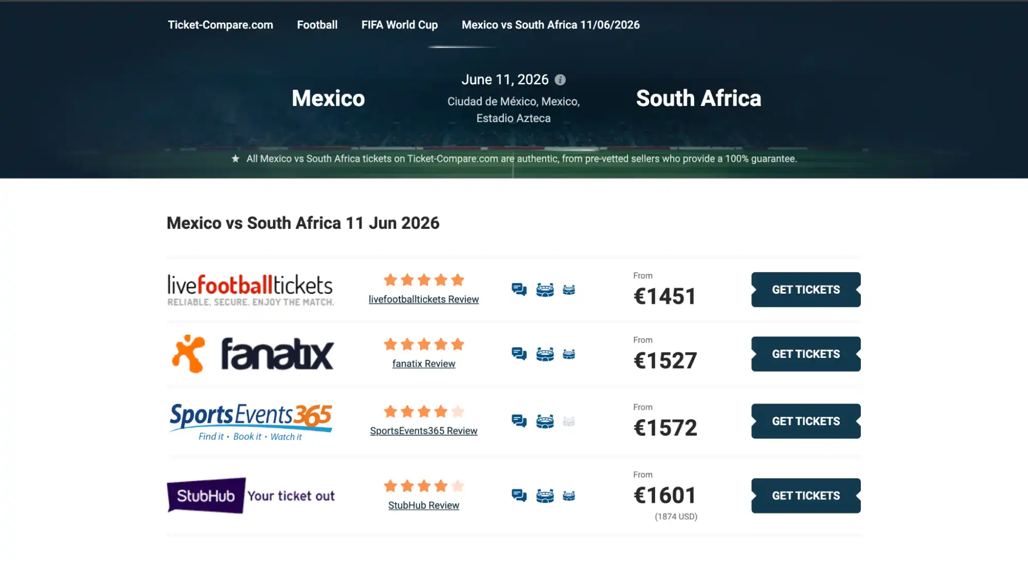 screenshot biglietti Messico vs Sudafrica