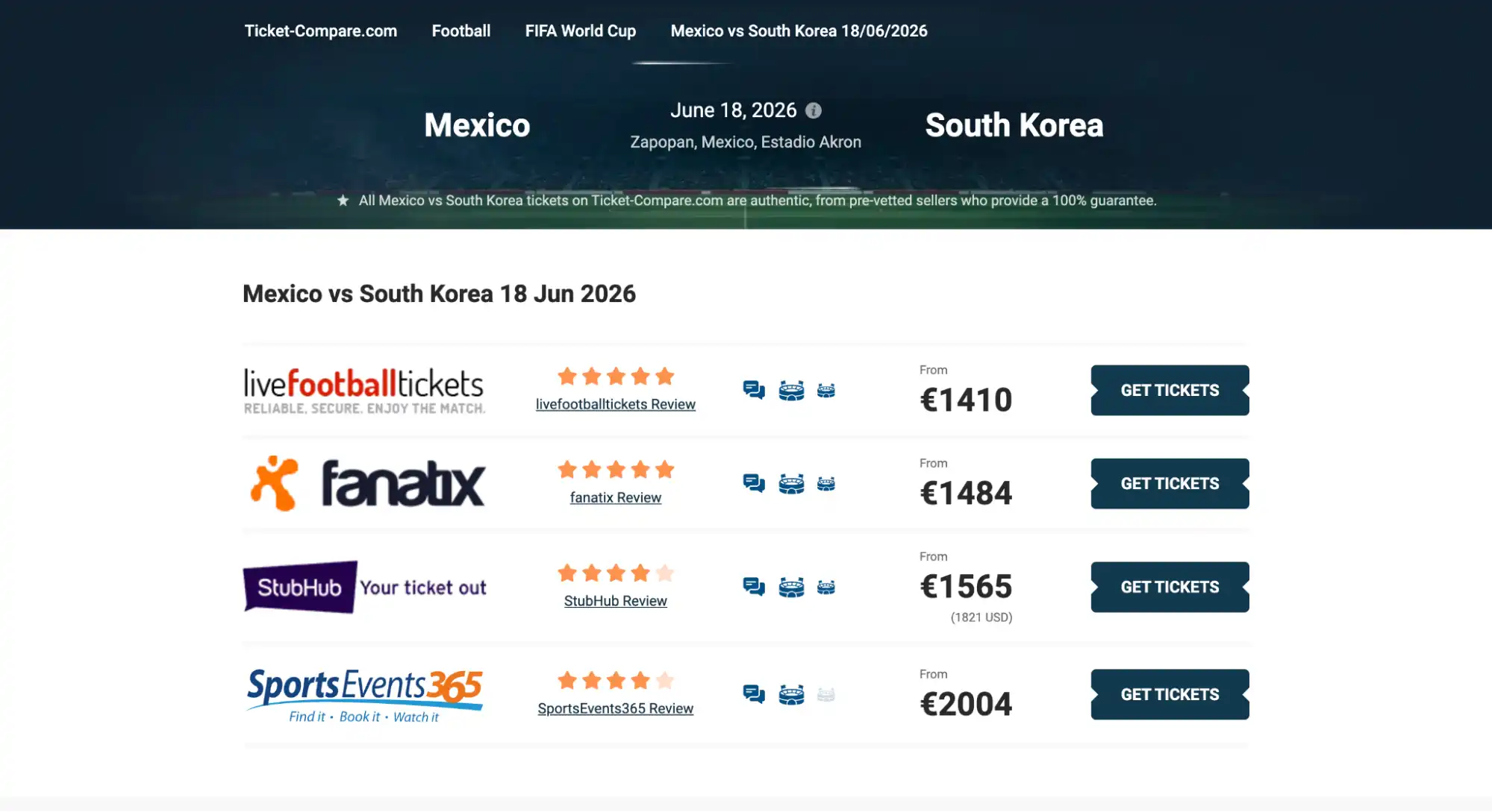 schermata pagina biglietti Mexico vs South Korea