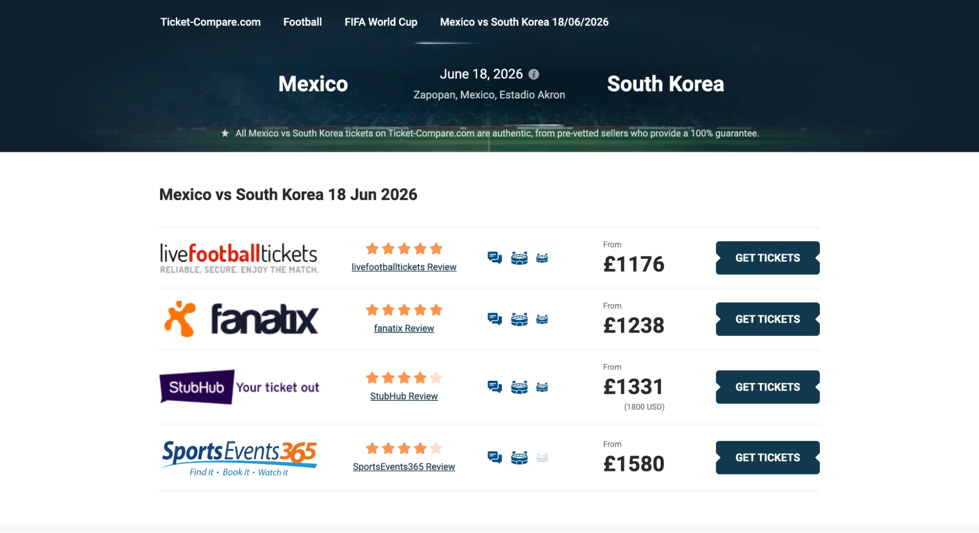 screenshot di Messico vs Corea del Sud biglietti
