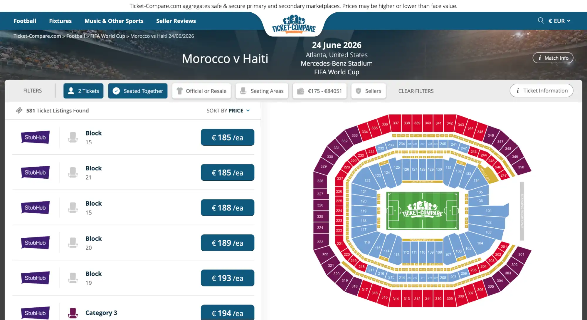 screenshot della pagina biglietti Marocco vs Haiti