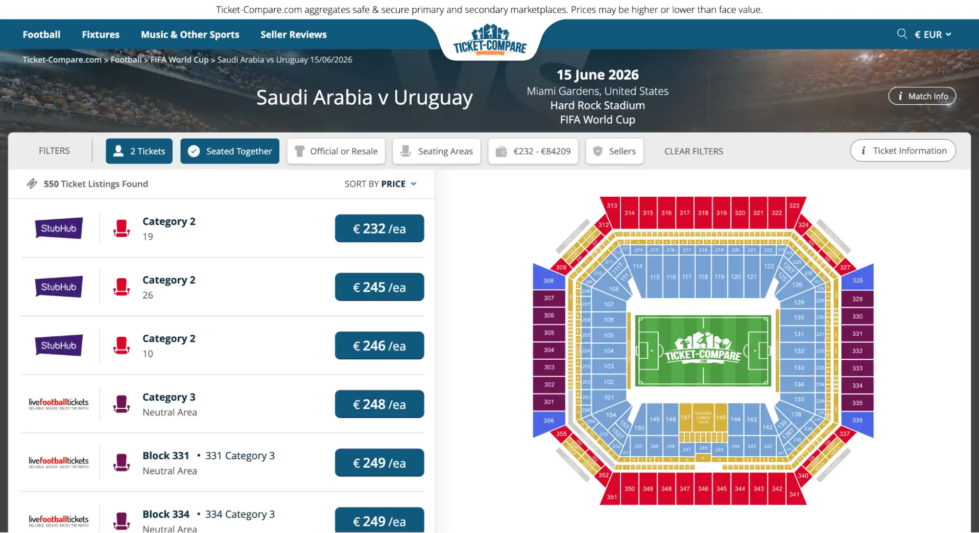 screenshot di biglietteria Arabia Saudita-Uruguay
