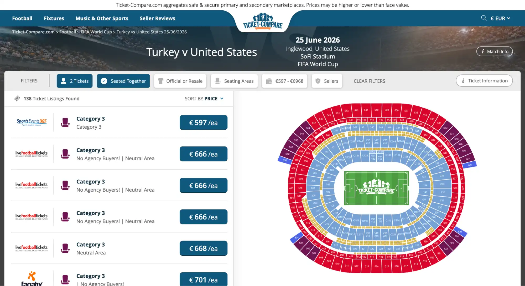 screenshot della pagina biglietti Turchia vs USA