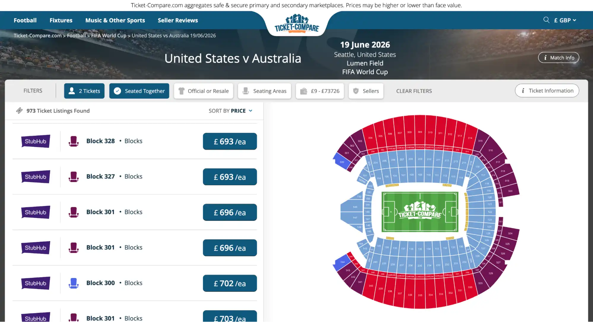 screenshot della pagina biglietti United States vs Australia