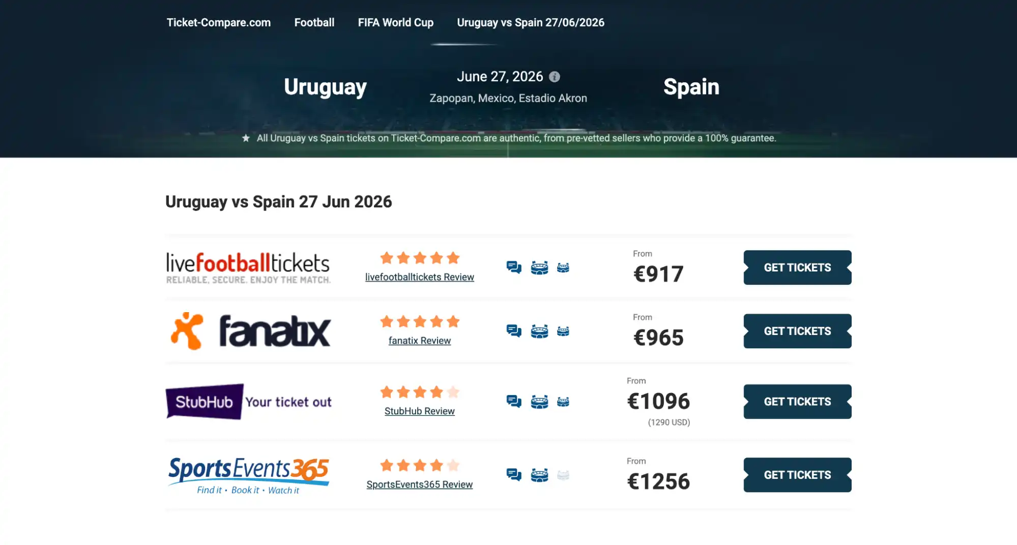 screenshot Uruguay vs Spagna biglietti
