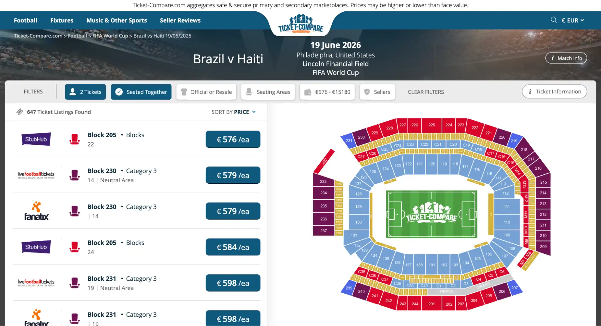 screenshot di biglietti Brasile vs Haiti