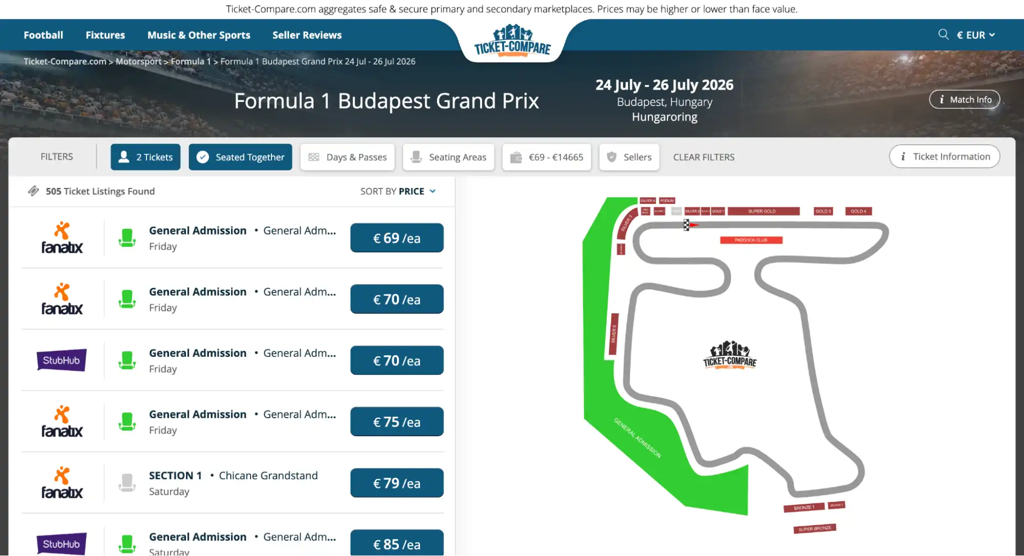 screenshot della pagina dei biglietti F1 Budapest GP