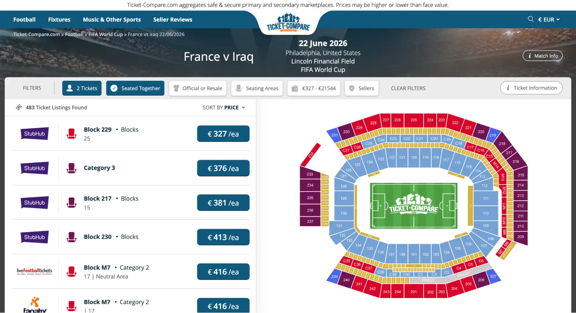 screenshot biglietti Francia vs Iraq