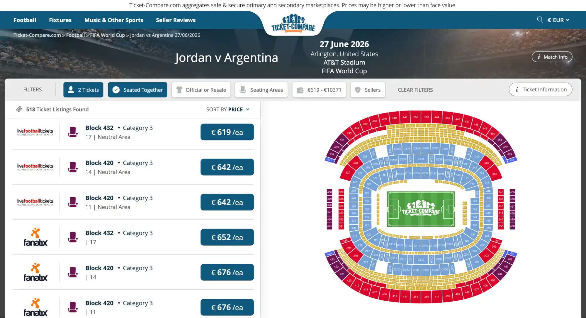 screenshot pagina biglietti Jordan vs Argentina