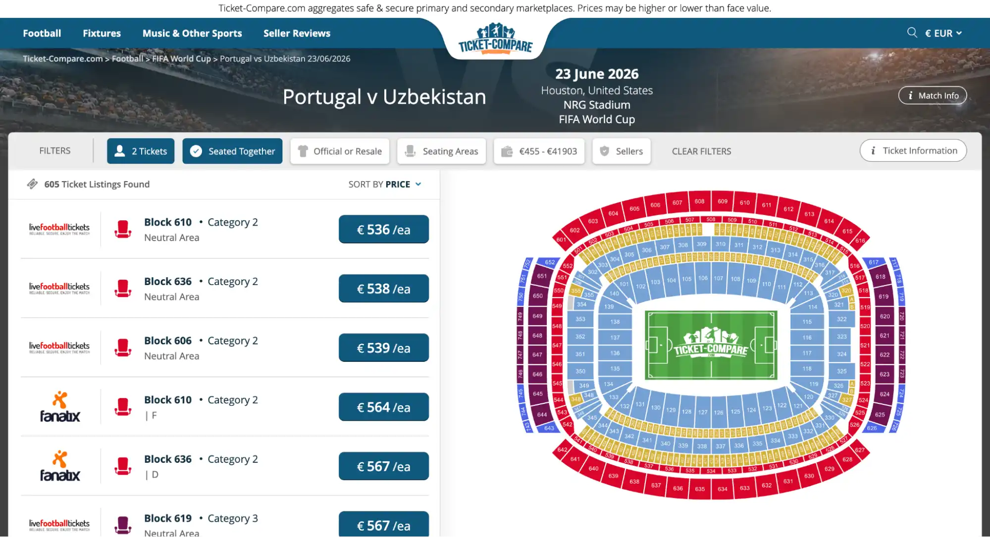 screenshot di Portogallo vs Uzbekistan ticket page