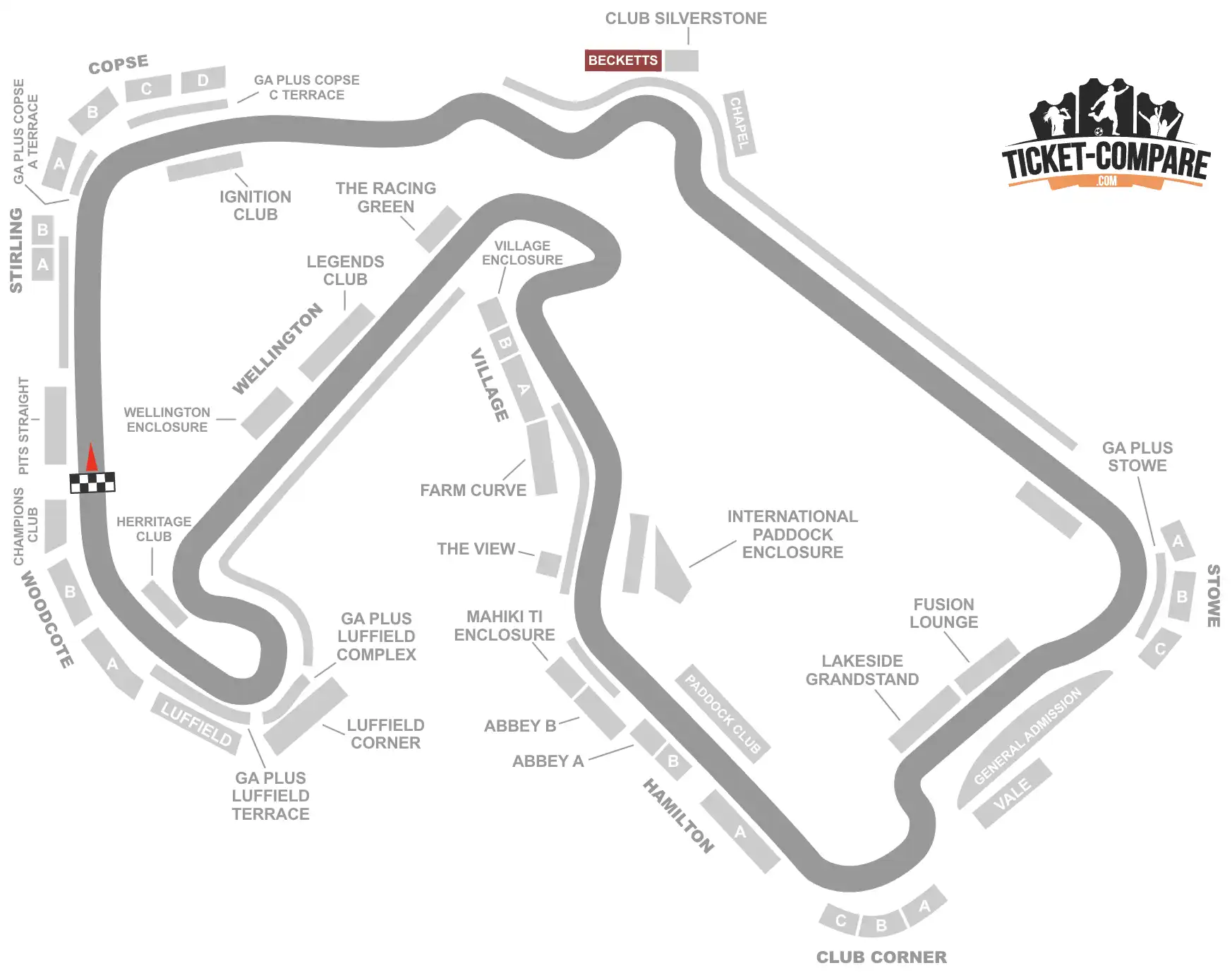 piano tribune Silverstone con evidenza su Becketts