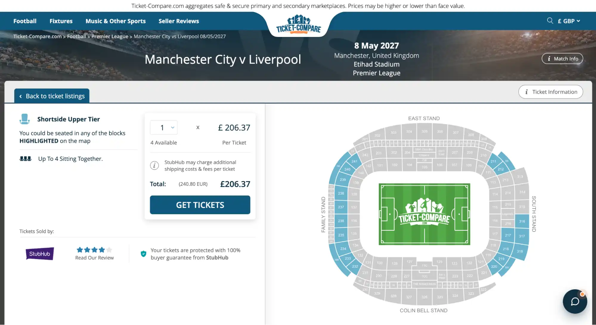 screenshot di Manchester City vs Liverpool Shortside Upper Tier biglietti