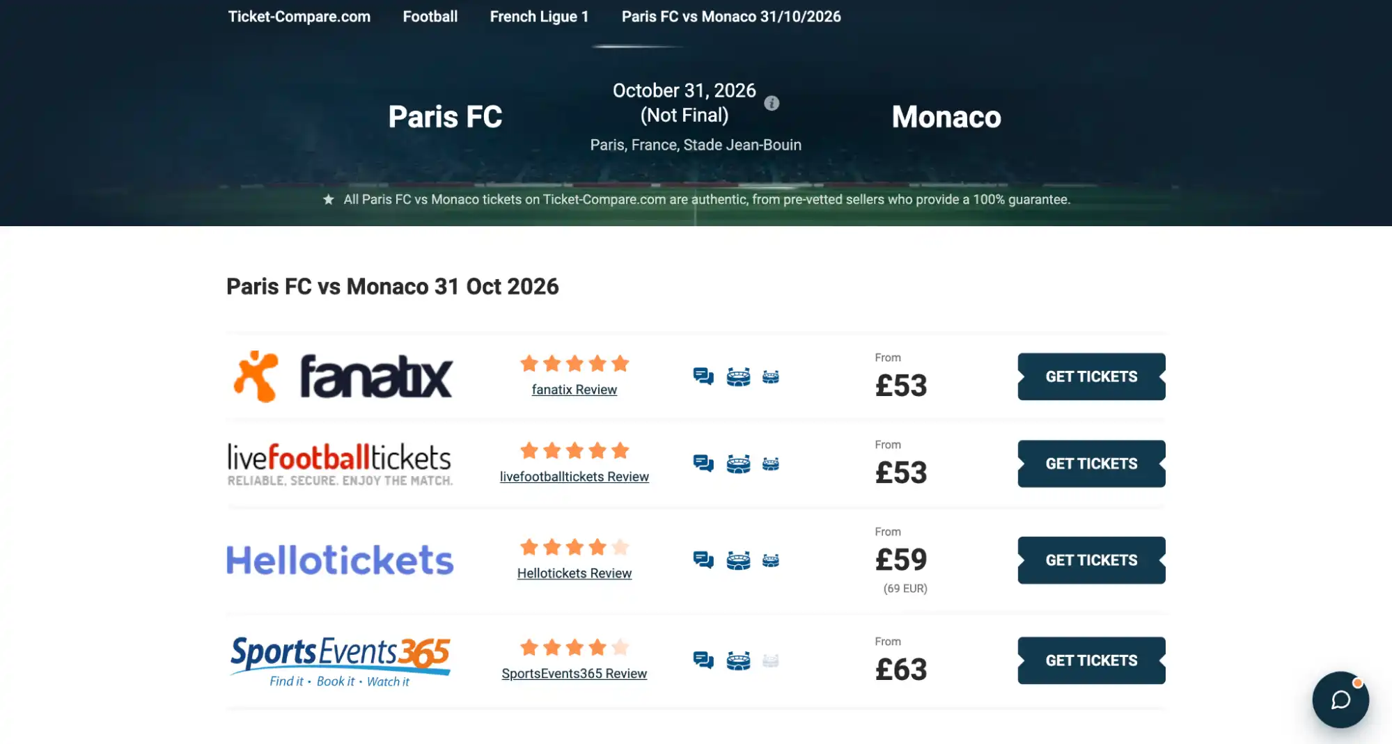 screenshot di Paris FC vs Monaco biglietti