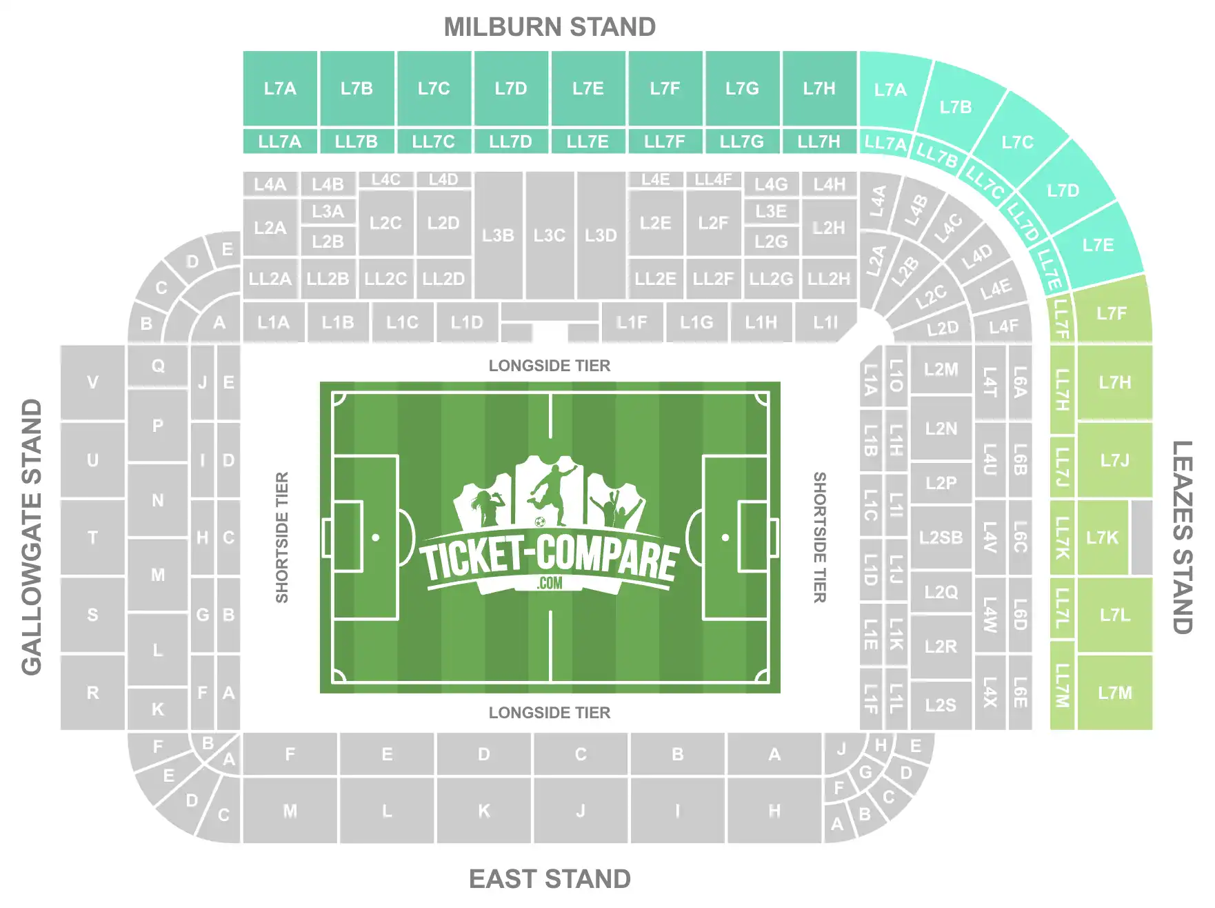 Screenshot della mappa posti St James’ Park con evidenziati L7 e LL7