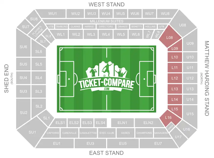 Screenshot piano posti Stamford Bridge, evidenziati blocchi L08-L16
