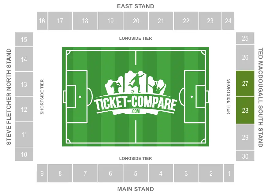 Screenshot of Vitality Stadium Seating Plan with 27-28 blocks Highlighted