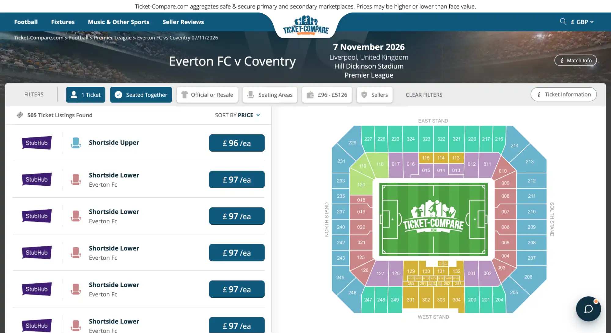 screenshot Everton FC v Coventry tickets page
