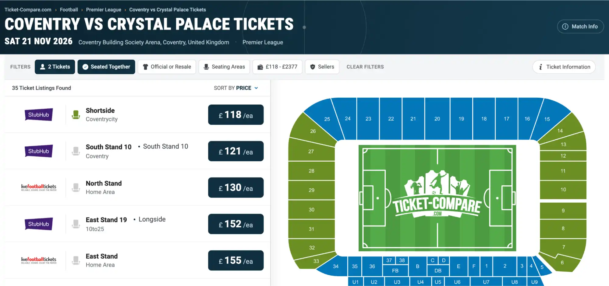 screenshot di Coventry vs Crystal Palace biglietti