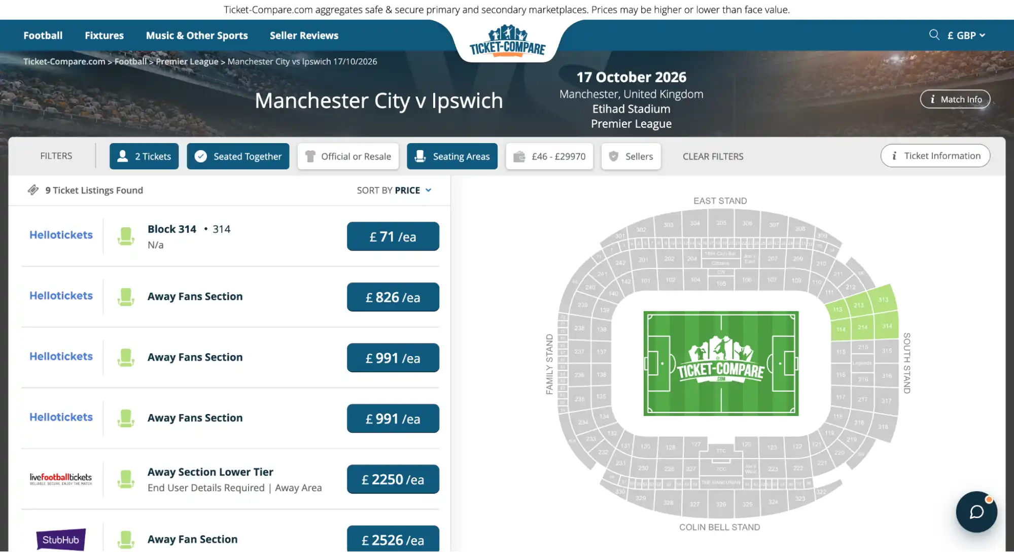 screenshot pagina biglietti Manchester City v Ipswich