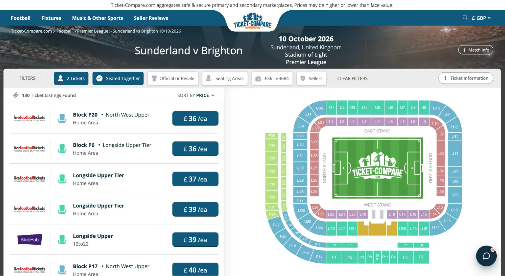 screenshot di Sunderland v Brighton pagina biglietti